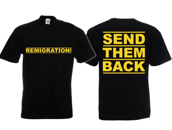 Frauen T-Shirt - Remigration - Motiv 1 - schwarz/gelb Frauen T-Shirt - Remigration - Motiv 1 - schwarz/gelb
